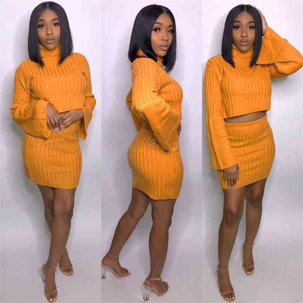 Sexy 2pcs Set Mini Jupe Tenues Crop Top Flare Manches Pull Robe Femmes Jumper Costume Rib Hiver Orange Blazer Tricoté 210517