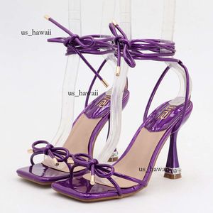 Sandales de gladiateur à lacets pour femmes, chaussures d'été Sexy à bretelles de 9cm, avec nœud papillon violet, talons dénudés, chaussures de bal, grande taille 42