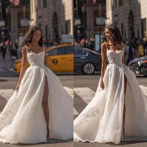 Sexy een lijn jurk riemen dij spleet trouwjurken vestidos de novia kanten appliques ontwerper bruidsjurken