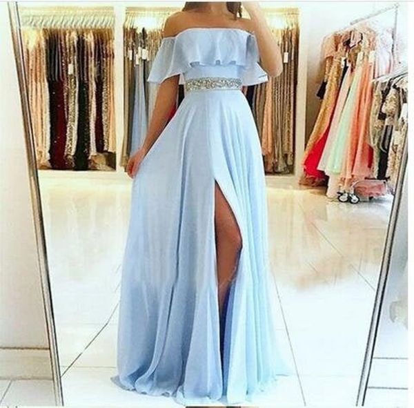 Sexy una línea Light Sky Blue Prom Dress Party Long Graduation Party Formal Split Chiffon para el vestido de noche