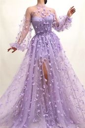 Sexy een lijn prom -jurken Lilac 3D Flowers Appliques lange mouwen avondjurk plus size Afrikaanse formele feestjurk BC3984