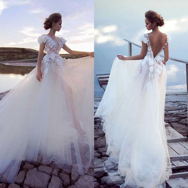 Sexy A Line Vestidos De Novia Transparente De Manga Corta Vestido De Novia Sin Espalda 3D Flores Apliques De Tul Hasta El Suelo Robe De Soiree