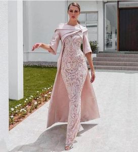 Sexy Afrikaanse Dubai 2020 Avondjurken Met Cape Blush Roze Kant Stain Halve Mouw Formele Feest Gelegenheid Galajurk9456403