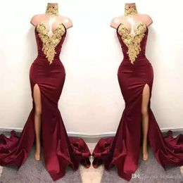 Sexy African New Bury Prom Dresses Wear Mermaid Gold Lace Appliqued Front Split K Elegant Formal Evening Party Gowns