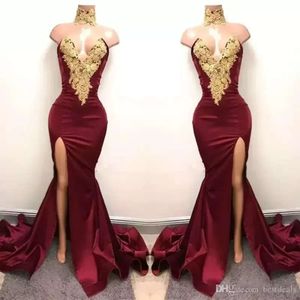 Sexy African Nieuwe Bury Prom -jurken Dragen Mermaid Gold Lace Appliqued Front Split K Elegante formele avondfeestjurken