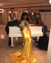 Sexy Afrikaanse Nigeriaanse gele zeemeermin avondjurk juweel nek backless sweep trein plooien kralen lovertjes prom formele jurken robe de soirée