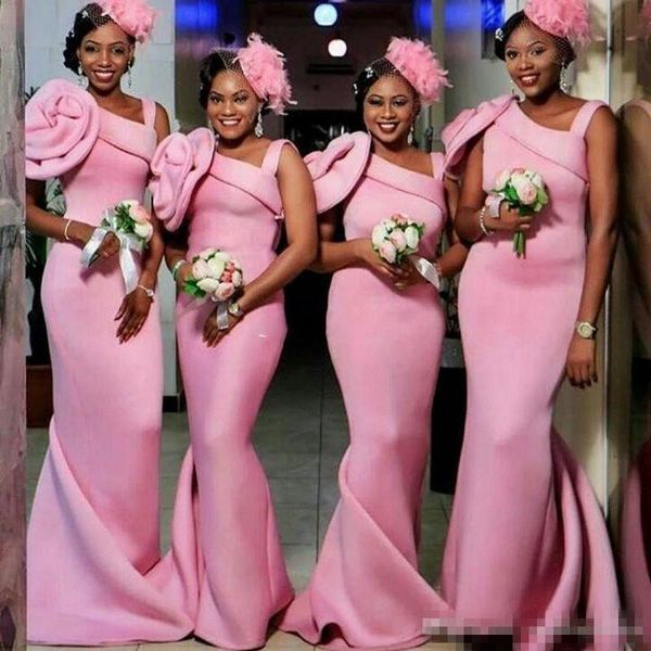 Sexy Africain Rose Sirène Longues Robes De Demoiselle D'honneur Une Épaule À La Main Fleurs De Mariage Invité Robe Balayage Train De Mariage Invité Robes De Fête