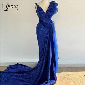 Sexy African Royal Blue V Neck Mermaid Prom Dresses Legged Court Train Evening Jurk Plus Size High Side Split Formele kleding Vestidos 2024