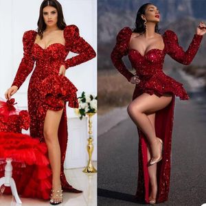 Sexy africain brillant rouge brillant robes de bal chérie manches longues haut côté fendu robes de soirée formelle tenue de soirée robe sur mesure