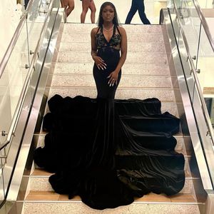 Sexy African Women Prom -jurken 2023 Deep V Neck Applique Black Girls Mermaid Party Dress Velvet Robes de Bal