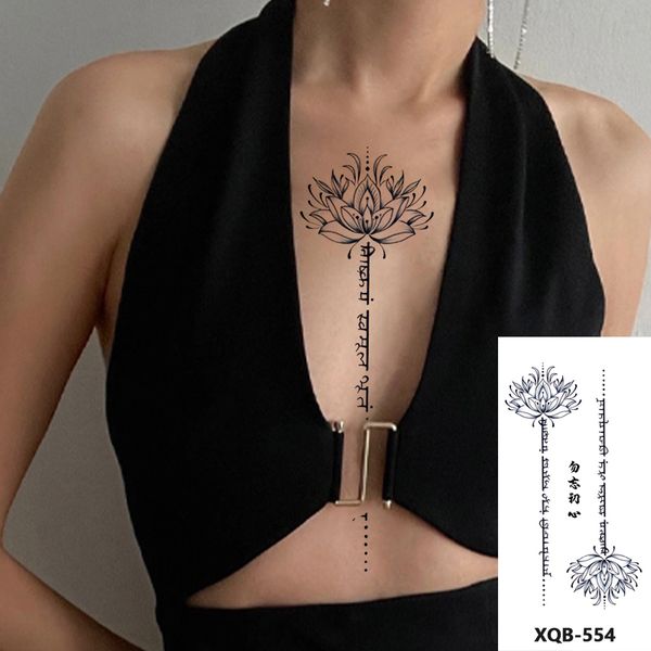 Sexy alfabeto inglés línea larga Lotus impermeable falso tatuaje pegatinas para mujeres espalda transferencia de agua tatuajes temporales fiesta calcomanía