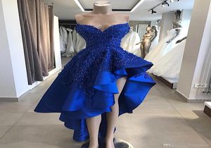 Sexy incroyable bleu royal haut bas robes de cocktail image réelle une ligne perlée appliques chérie asymétrique bal robes de soirée1290646