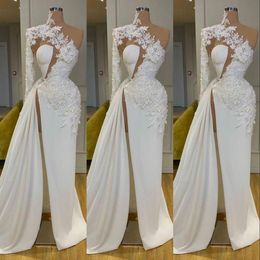 Sexy Arabisch Dubai Prachtige kant Wit prom jurken hoge nek een schouder lange mouw bloemen formele avondjurk zijkant split sweep trein 2022