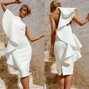 Sexy arabe col haut blanc robes de cocktail fente longueur au genou 2022 mode volants gaine soirée robes de bal courte jolie femme Pa271S