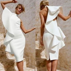 Sexy Arabe Col Haut Blanc Robes De Cocktail Fente Au Genou Longueur 2022 Mode Volants Gaine Soirée De Bal Robes Court Jolie Femme Pa289R