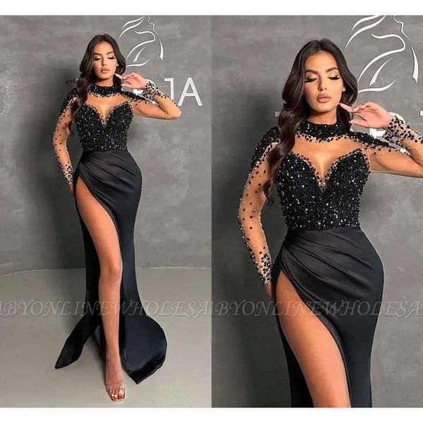 Sexy árabe muslo dividido de la noche de la noche de cuello alto vestido de graduación negros nuevos lentejuelas de mangas largas de mangas largas OCN Vestidos para mujeres BC18205 0418