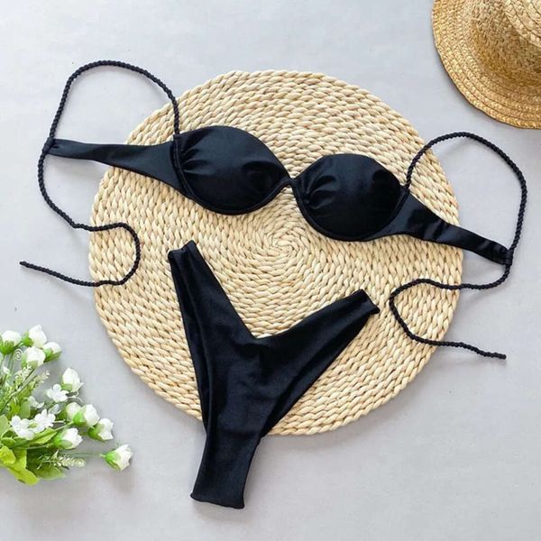 Sexy ARXIPA Bikinis Traje de baño de dos piezas para mujer Traje de baño de corte alto con aros Acolchado Push Up Ropa de playa Bandeau Tanga sólida Negro Blanco