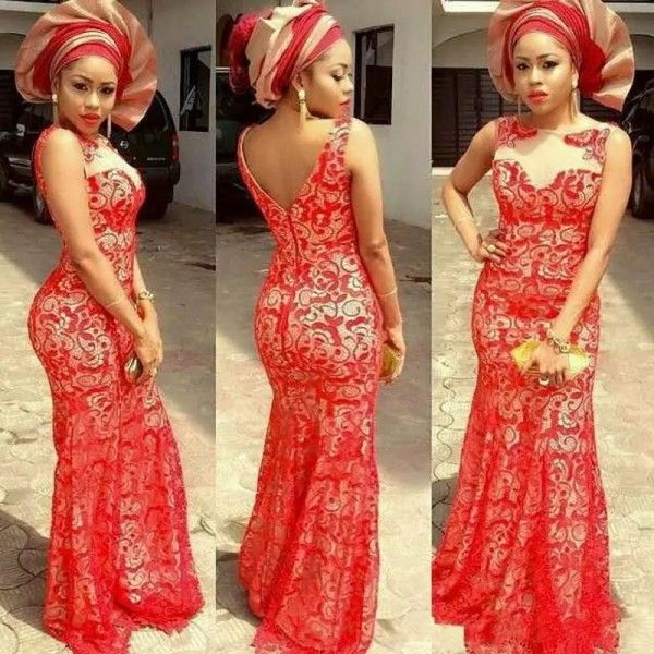 Sexy Aso Ebi Nigérian Dentelle Styles Robes De Soirée 2018 Sheer Ras Du Cou Sirène Rouge Dentelle Nude Sous Robes Formelles Tenue De Soirée Personnalisée