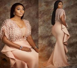 Sexy Asoebi Plus Size Blush Lace Tain Mermaid Vestidos de noche con Detalles brillantes Ruffles sobre Skirt PROM Ocasion Gown7717156