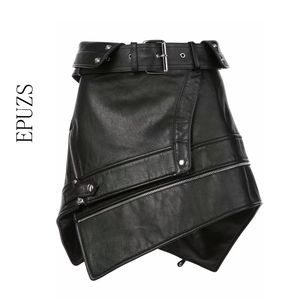 Sexy asymmetry bont lederen rokken womens rits punk rock riem mini rok streetwear zwarte hoge taille rokken faldas mujer lj201029