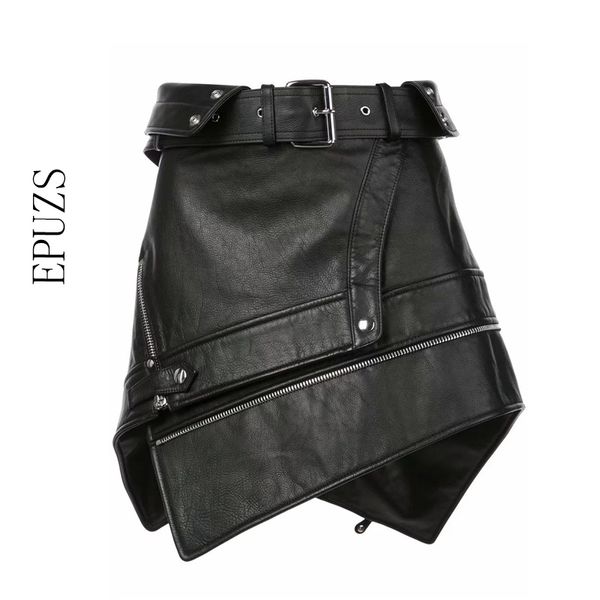 Faldas asimétricas sexis de cuero y piel para mujer, minifalda con cinturón punk rock y cremallera, ropa de calle, faldas negras de cintura alta, faldas para mujer 210309