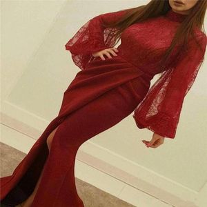 Sexy avantgarde Dubai prom jurk met illusie flutter bordeaux wijn amaranth rode jurk sexy zeemeermin ruch mooie avondjurk1541062