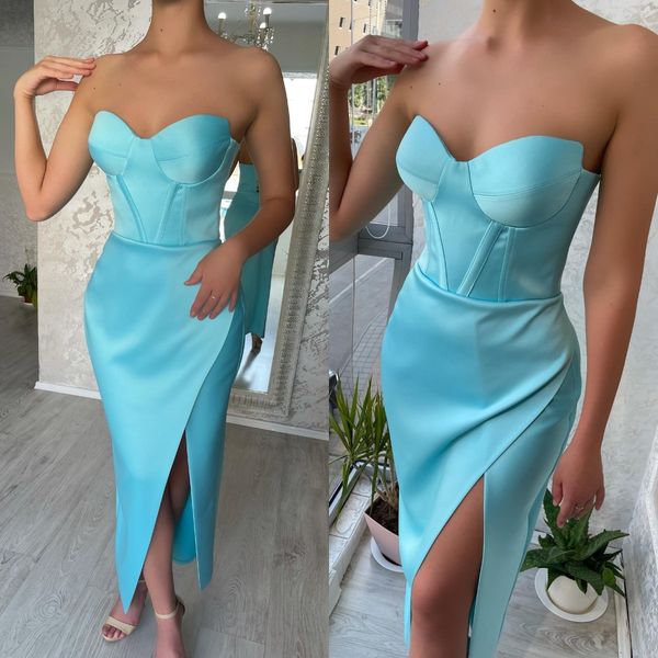 Sexy Baby Blue Prom Dresses Sweetheart Satin Night Vesadas Plises Slit Formal del tobillo Longitud de la fiesta de OCN especial