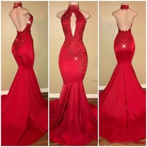 Sexy Back Red Mermaid Prom Dresses Lange Halter Kant Applicaties Pailletten Backless Party Jurk Count Trein Aangepaste Formele Avondjurken