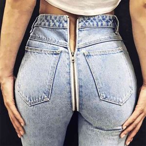 Sexy dos fermeture éclair bleu clair Denim jean automne hiver femmes taille haute maigre crayon pantalon femme Streetwear pantalon 210720