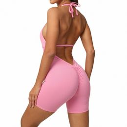 Sexy Backl Tight Scrunch Fitn Salopette Tourne Butt Combishort Femmes Romper Été Rose Yoga Jogging Sport Combinaison Courte Rouge r4us #