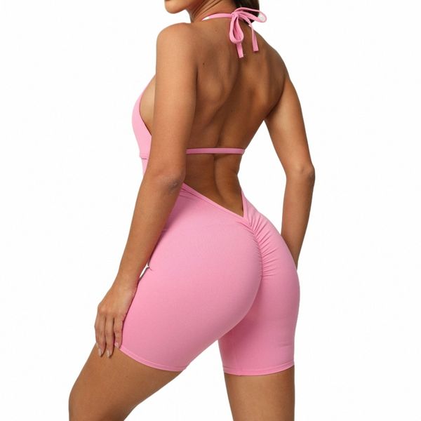 Sexy Backl Tight Scrunch Fitn Overol Turns Butt Playsuit Mujeres Mameluco Verano Rosa Yoga Correr Deportes Mono corto Rojo r4us #