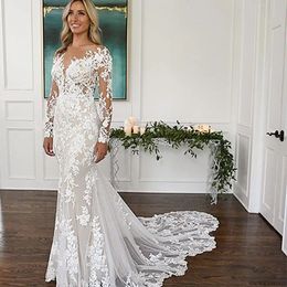 Sexy Backless Strand Kanten Trouwjurk Lange Mouwen Zeemeermin Boheemse Bruidsjurken Pure Hals Applique Zomer Vestido De Novia 2024 328 328