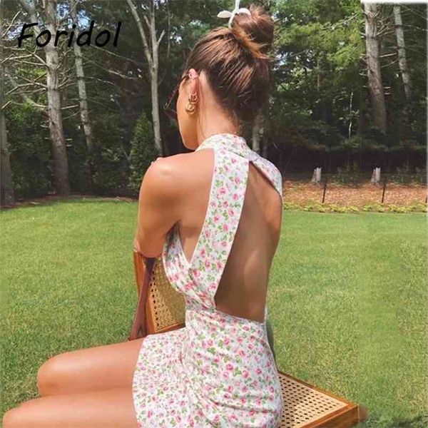 Sexy sin espalda playa vestido de verano mujeres sin mangas mini vintage australia corto boho estampado floral 210427