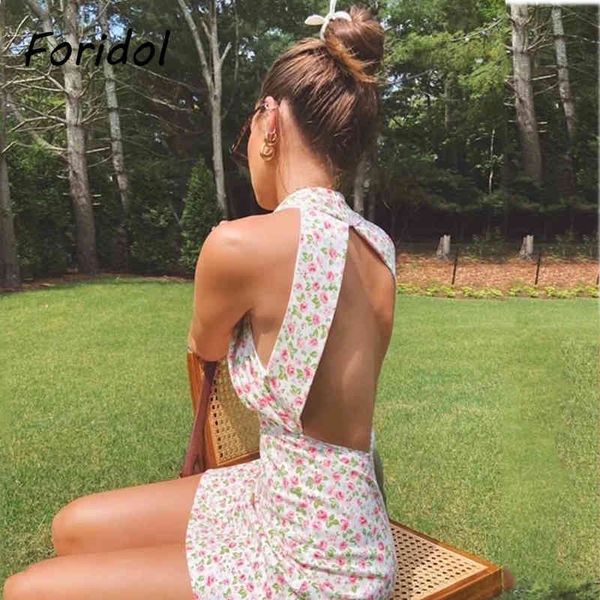 Sexy dos nu plage été femmes sans manches Mini Vintage Australie courte Boho imprimé floral robe 210415