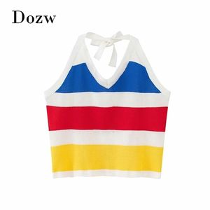 Sexy Dos Nu Beach Tank Femmes Summer Stripe Patchwork Dames Tops Mode Vacances Halter Tricoté Top Femme Ropa Mujer S-L 210515