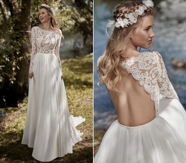 Robes de mariée sexy dos nu plage décolleté festonné manches longues dentelle appliques balayage train une ligne robe de mariée robe de novia