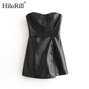 Sexy Backless Black Pu Leather Jumpsuit Femmes Boutons Solide Skinny Party Playsuit Lady Sans Manches Zipper Élégant Club Body 210508