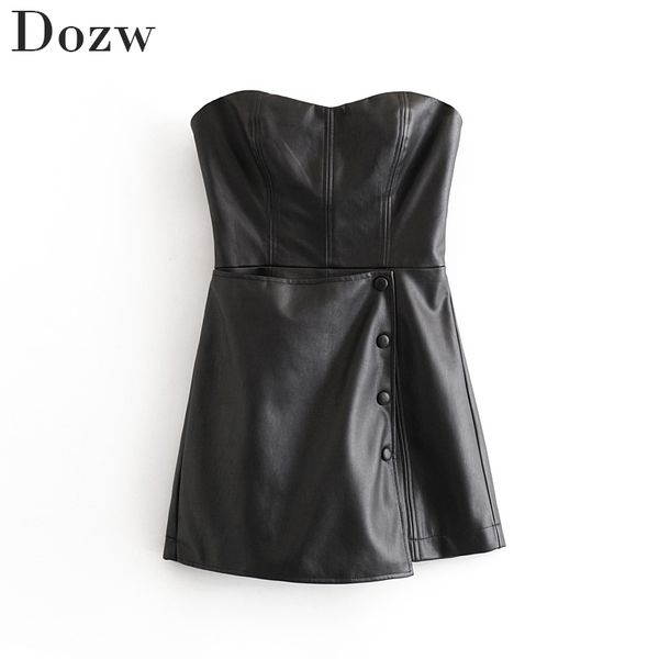 Sexy Dos Nu Noir Pu En Cuir Combinaison Femmes Boutons Solide Skinny Party Playsuit Lady Sans Manches Fermeture À Glissière Élégant Club Body 210414