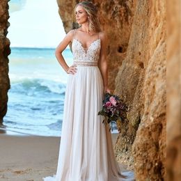 Sexy backless chiffon Boheemse trouwjurk kanten appliqué mouwloos strand V-hals bruidsjurk Robe De Mariee