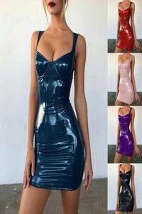 Sexy Backless Club Party Robe courte solide noir humide Look Latex BodyCon Faux en cuir push up Up Mini Micro Dress TEITARD 2104171280838
