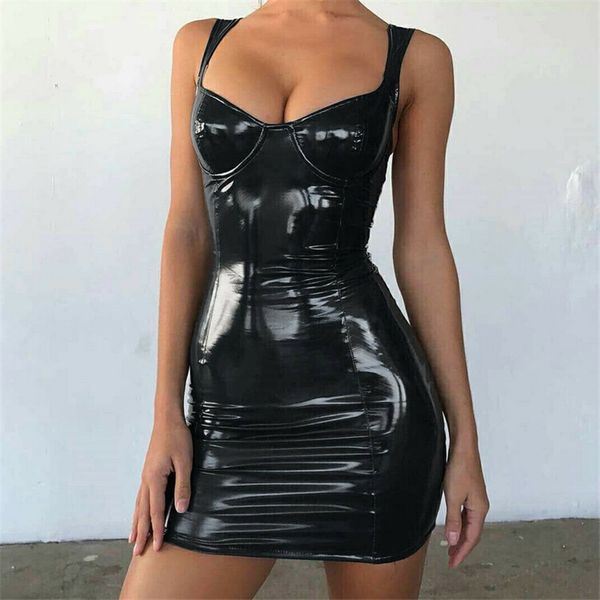 Sexy Dos Nu Club Party Robe Courte Solide Noir Wet Look Latex Moulante Faux Cuir Push Up Soutien-Gorge Mini Micro Robe Justaucorps 210426