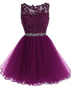 Vestidos de baile elegantes com decote redondo e linha A, apliques de tule, vestidos de baile curtos, minissaia, linha A, vestidos de festa de formatura