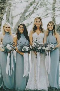 Sexy backless stoffige blauwe bruidsmeisje jurken halter hoge kraag vloer lengte lange boho country meid van ere jurk zomer bruiloft gasten jurk