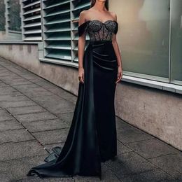 Vestido de fiesta de noche sin espalda sexy para mujer Pecho de encaje negro Envoltura fuera del hombro Vestido de fiesta de sirena dividido Vestidos largos 2023 240301