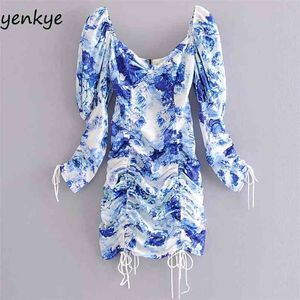 Sexy Backless Floral Print Jurk Dames Lange Mouw V-hals Drawstring Gedraped Bodycon Romantic Lady Summer Mini Party 210514