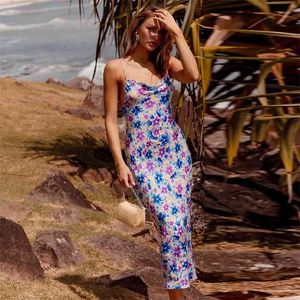 Sexy backless lace-up zomer boho jurk vrouwen drap nek maxi strand mouwloze bloemenprint paars 210427