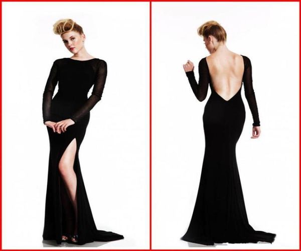 Sexy Vestidos de noche de manga larga sin espalda Bateau Sheer Boaded Black Side Slit Mermaid Maxi Sweet Train Fiesta de vestimenta formal Gow8395286