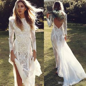 Sexy backless lange mouwen kanten jurken juweel nek boho op maat gemaakte plus size sweep trein strand bruidsjurk