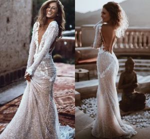 Sexy Backless Zeemeermin Lange Mouw Trouwjurken Bling Pailletten Kralen Kelderen V-hals Zomer Strand Boho Bruidsjurk BC15145