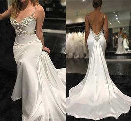 Robes de mariée sexy dos nu sirène robe de mariée cristaux sur mesure perles bretelles spaghetti balayage train grande taille plage vestido de novia